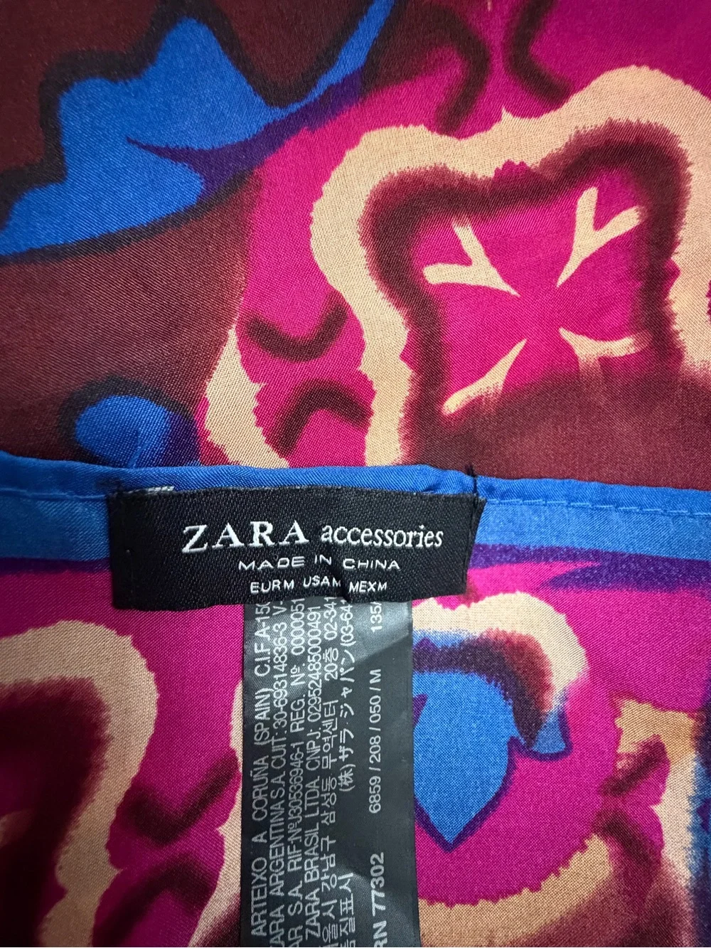 Zara Pink & Burgundy Floral-Pattern Scarf with Blue Border